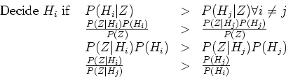 \begin{displaymath}
\begin{array}{llll}
\textrm{Decide } H_i \textrm{ if } & P...
...)}{P(Z\vert H_j)} & > & \frac{P(H_j)}{P(H_i)}\\
\end{array}
\end{displaymath}